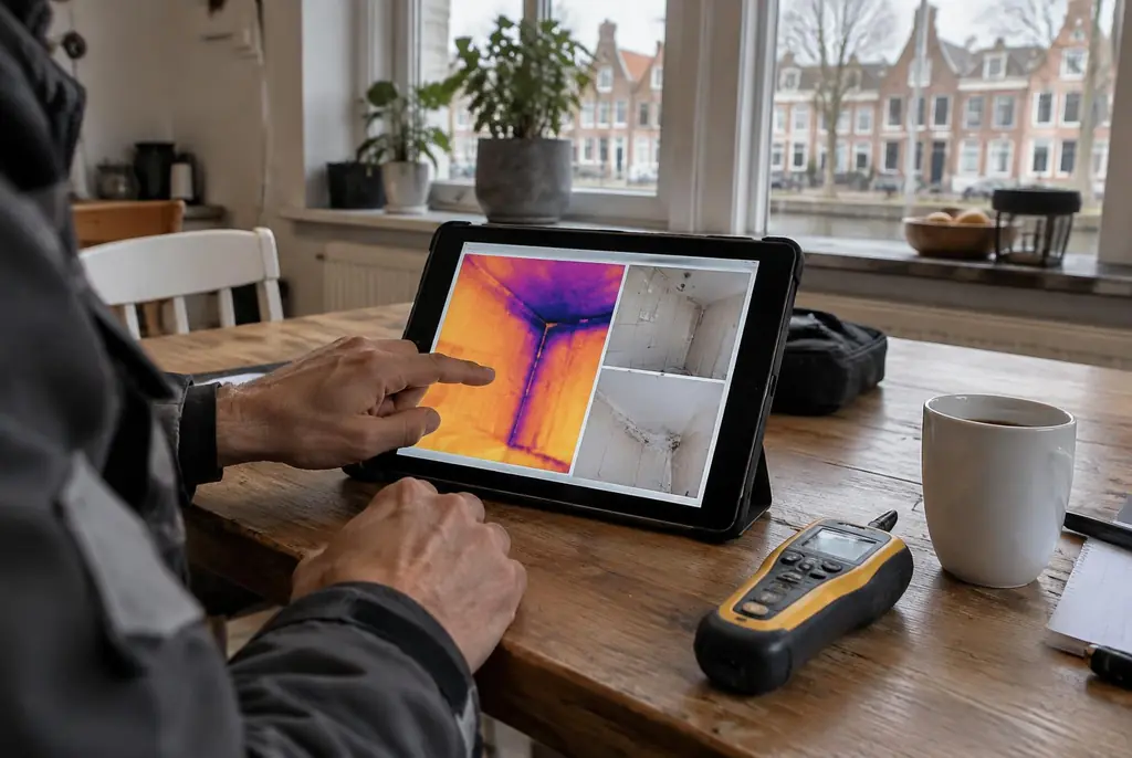 Lekdetectie Voorthuizen – lekdetectierapport met warmtebeelden en foto's op een tablet