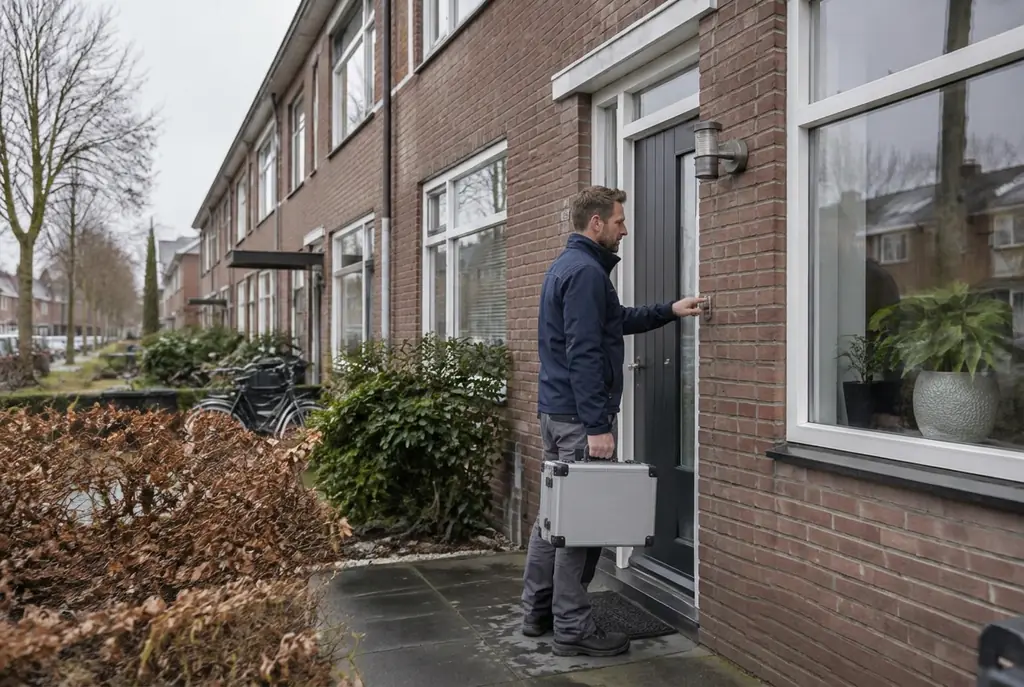 Lekdetectiespecialist met meetkoffer bij de voordeur van een woning in Voorthuizen